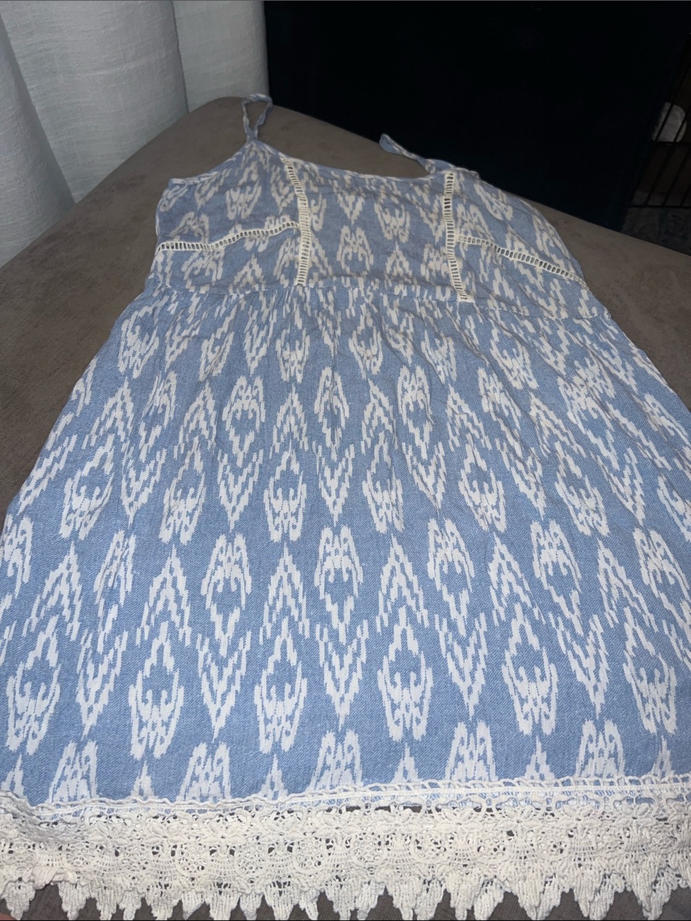 Socialite Light Blue & White Ikat Crochet-Trim Spaghetti Strap Dress